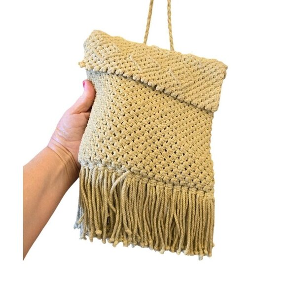 VTG Macrame Ivory Crossbody Handbag Purse Crochet Fringe Hippie Boho Zipper - Picture 9 of 10
